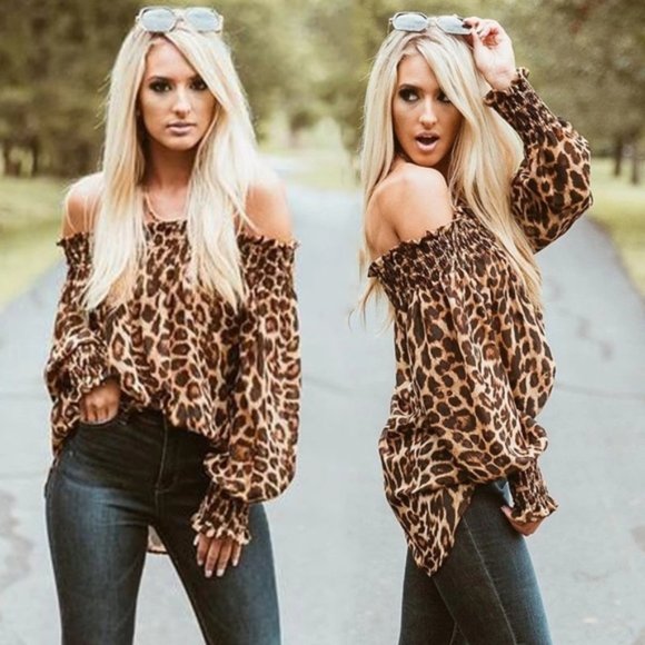 Tops - New! Animal Print Off The Shoulder Blouse